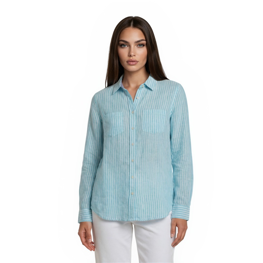 Talbots 100% Linen Blouse Women's Size Small Blue White Striped Button Shirt